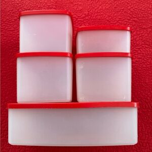 Tupperware containers.
Clear with red lids